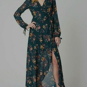 NEW Band Of Gypsies Surplice Maxi Wrap Dress Women's S Green Floral Lined Boho